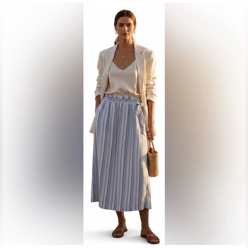 Tommy Bahama Linen Blend Blue White Striped Maxi Skirt Resort Wear